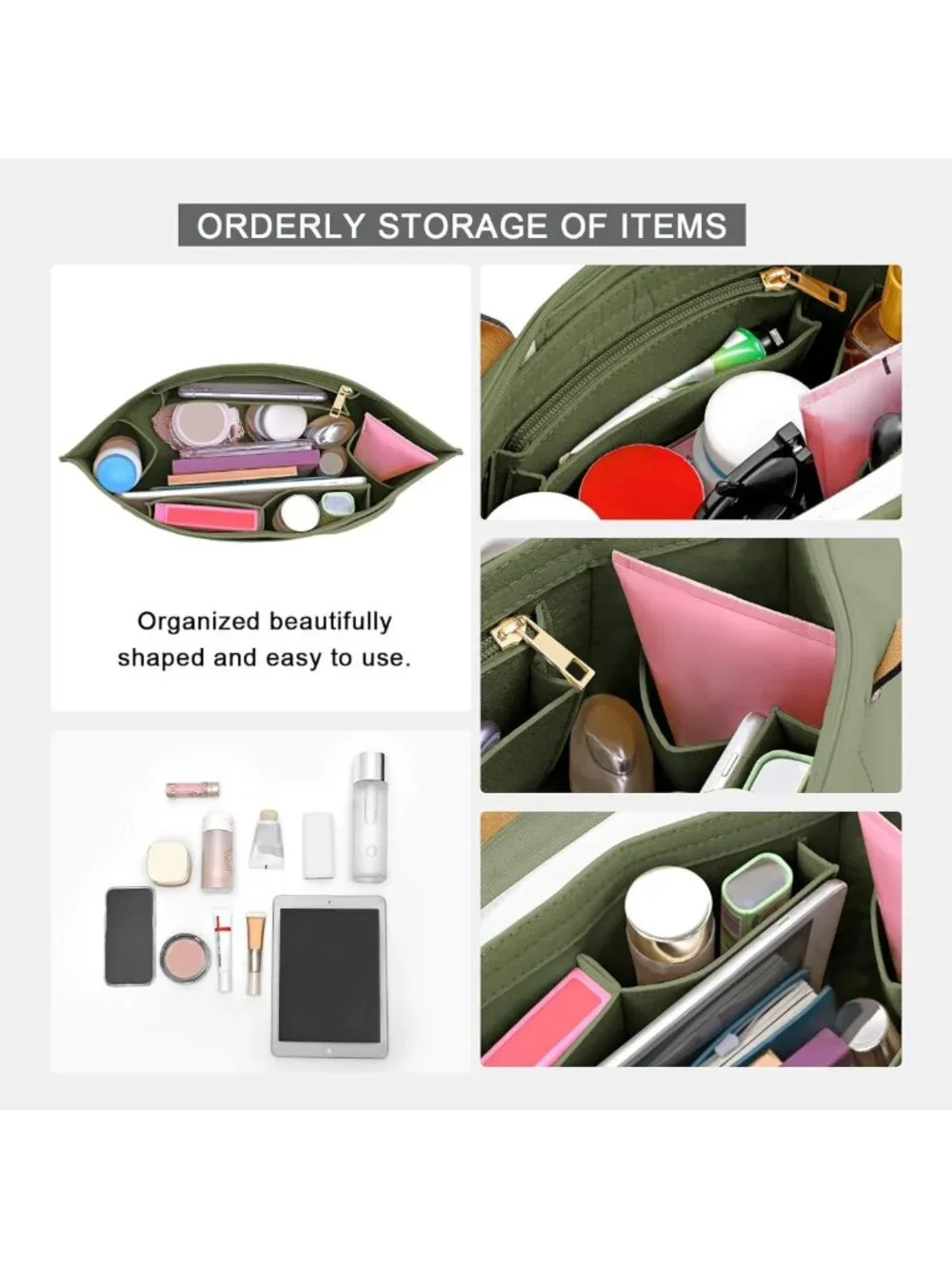 Medium Felt Purse Organizer Insert for Long Tote Bags - Green Cup Holder